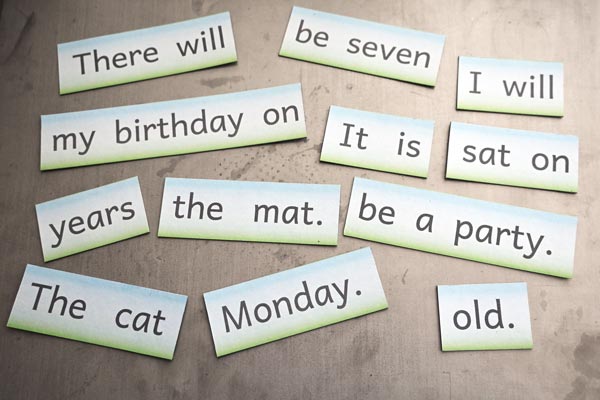 Word cards on a table